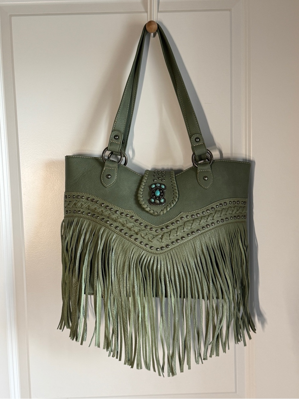 Montana West Sage Green Fringe Purse Western Boho Turquoise Concho Studded Tote